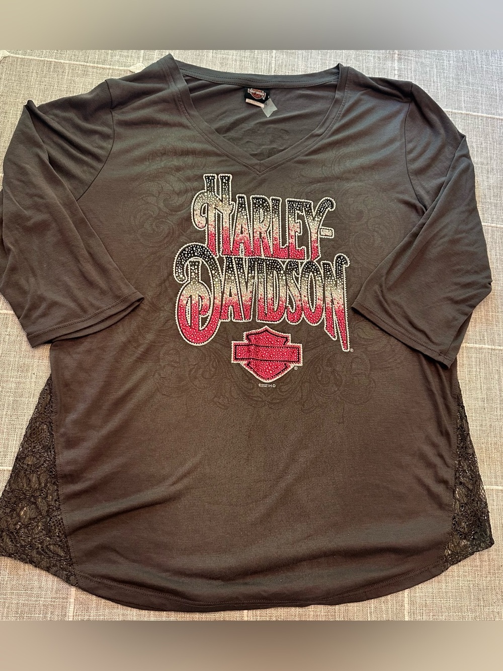 Daytona Beach Harley-Davidson Bling Rhinestone Lace V-Neck 3/4 Sleeve Top, XL
